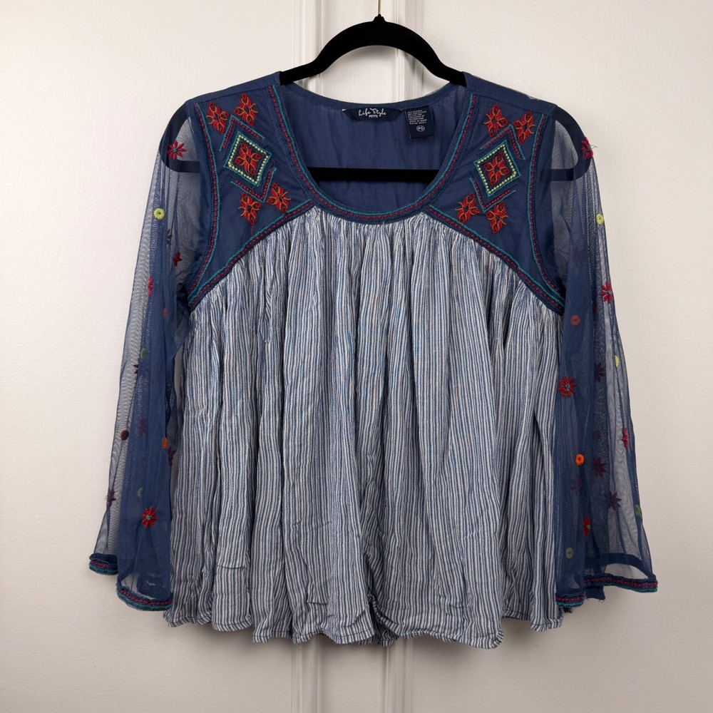 Life Style Petite Blue Striped Embroidered Mesh Sleeve Boho Blouse PS